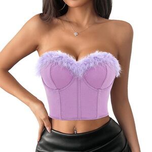 1739 Faux Fur Crop Top Feather Corset Tops Sexy Going Out Strapless Tube